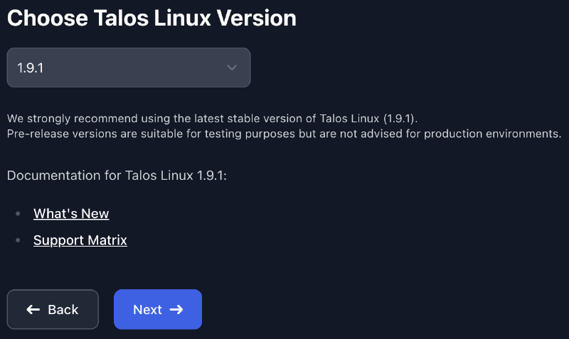 Selecting the version of Talos Linux