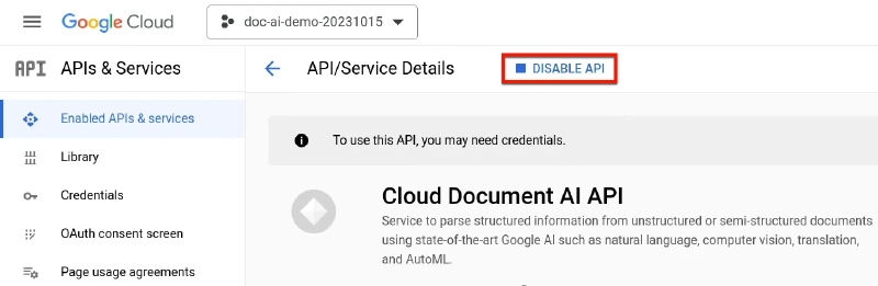 Enabling (or disabling) the Document AI API