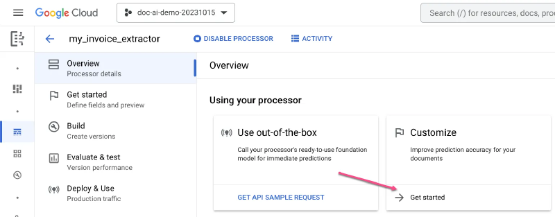 Clicking “Get started” on the Customize card